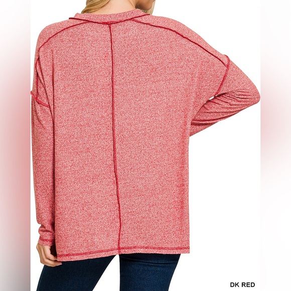 Zenana Dk Red Soft Melange Hacci Exposed Seam Hi-Low Tee - Picture 3 of 3